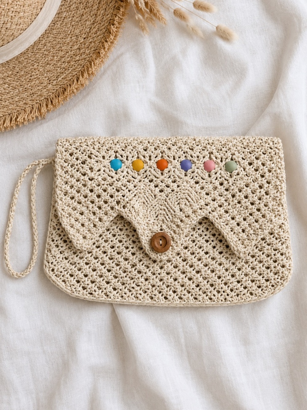MCI Cream Crochet Beaded Clutch 70s Boho‎ Wristlet OS